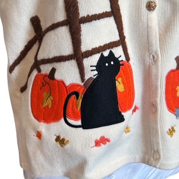 Vintage White Orange Halloween Sweater Vest Womens Sz Large Pumpkin Black Cat - Picture 9 of 16